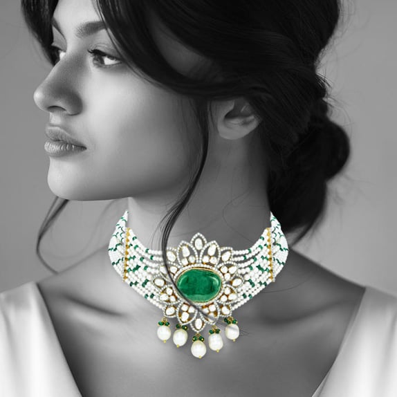 Emerald and Polki Choker with Pearl strings and Drops